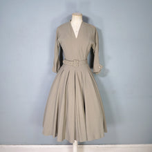 Load image into Gallery viewer, 40s 50s OLIVE COLOURED WOOL CREPE FULL SKIRTED DRESS WITH CINCH BELT - XS