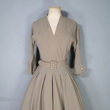 Load image into Gallery viewer, 40s 50s OLIVE COLOURED WOOL CREPE FULL SKIRTED DRESS WITH CINCH BELT - XS