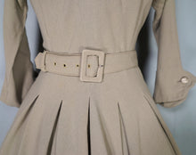 Load image into Gallery viewer, 40s 50s OLIVE COLOURED WOOL CREPE FULL SKIRTED DRESS WITH CINCH BELT - XS