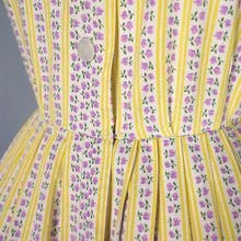 Load image into Gallery viewer, 50s HANDMADE FLORAL YELLOW STRIPE AND FLORAL BUTTON THROUGH DRESS - S