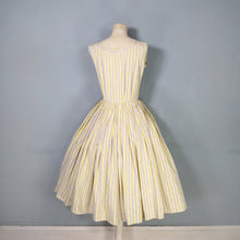 Load image into Gallery viewer, 50s HANDMADE FLORAL YELLOW STRIPE AND FLORAL BUTTON THROUGH DRESS - S