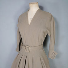 Load image into Gallery viewer, 40s 50s OLIVE COLOURED WOOL CREPE FULL SKIRTED DRESS WITH CINCH BELT - XS