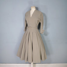 Load image into Gallery viewer, 40s 50s OLIVE COLOURED WOOL CREPE FULL SKIRTED DRESS WITH CINCH BELT - XS