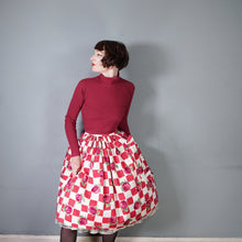 Load image into Gallery viewer, 60s RED ROSE FLORAL AND CHECK PRINT FULL SWING SKIRT WITH POCKETS - 26&quot;