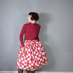 60s RED ROSE FLORAL AND CHECK PRINT FULL SWING SKIRT WITH POCKETS - 26"
