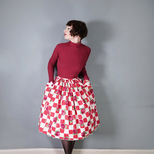 60s RED ROSE FLORAL AND CHECK PRINT FULL SWING SKIRT WITH POCKETS - 26