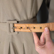Load image into Gallery viewer, 40s 50s OLIVE COLOURED WOOL CREPE FULL SKIRTED DRESS WITH CINCH BELT - XS
