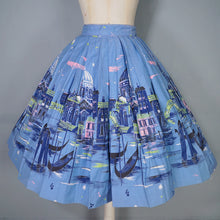 Load image into Gallery viewer, 50s BOLD BLUE NOVELTY VENICE CITYSCAPE WITH GONDOLAS BORDER PRINT SKIRT - 25.5"