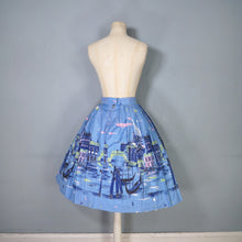 Load image into Gallery viewer, 50s BOLD BLUE NOVELTY VENICE CITYSCAPE WITH GONDOLAS BORDER PRINT SKIRT - 25.5"