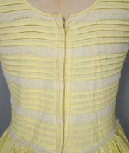 Load image into Gallery viewer, 50s YELLOW COTTON PIN TUCK FULL SKIRTED DRESS WITH LACE TRIMS - XS-S
