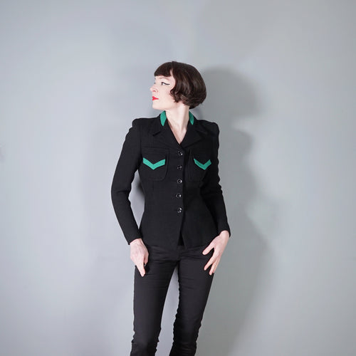 40s BLACK WOOL JACKET WITH GREEN COLLAR AND POCKET TRIM - S