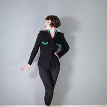 Load image into Gallery viewer, 40s BLACK WOOL JACKET WITH GREEN COLLAR AND POCKET TRIM - S
