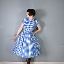 Load image into Gallery viewer, 50s BLUE HOUNDTOOTH PEGGY PAGE FULL SKIRTED DRESS WITH POCKETS - S