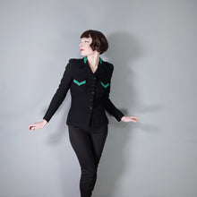 Load image into Gallery viewer, 40s BLACK WOOL JACKET WITH GREEN COLLAR AND POCKET TRIM - S
