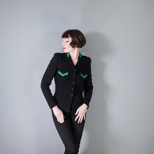 Load image into Gallery viewer, 40s BLACK WOOL JACKET WITH GREEN COLLAR AND POCKET TRIM - S