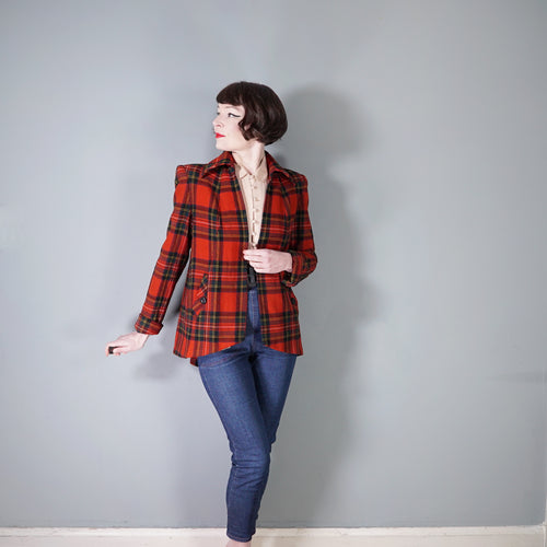 40s RED TARTAN CC41 UTILITY LABEL WOOL SWING JACKET / COAT - S
