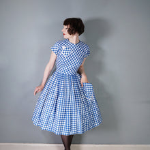 Load image into Gallery viewer, 50s BLUE HOUNDTOOTH PEGGY PAGE FULL SKIRTED DRESS WITH POCKETS - S