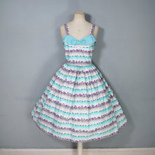 Load image into Gallery viewer, 50s PASTEL BLUE AND PURPLE TINY ROSE PRINT STRIPE SUN DRESS - S