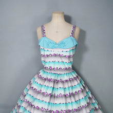 Load image into Gallery viewer, 50s PASTEL BLUE AND PURPLE TINY ROSE PRINT STRIPE SUN DRESS - S
