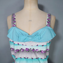 Load image into Gallery viewer, 50s PASTEL BLUE AND PURPLE TINY ROSE PRINT STRIPE SUN DRESS - S