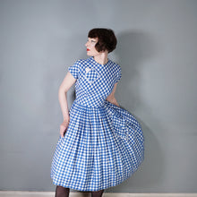 Load image into Gallery viewer, 50s BLUE HOUNDTOOTH PEGGY PAGE FULL SKIRTED DRESS WITH POCKETS - S