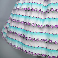 Load image into Gallery viewer, 50s PASTEL BLUE AND PURPLE TINY ROSE PRINT STRIPE SUN DRESS - S