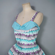 Load image into Gallery viewer, 50s PASTEL BLUE AND PURPLE TINY ROSE PRINT STRIPE SUN DRESS - S
