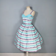 Load image into Gallery viewer, 50s PASTEL BLUE AND PURPLE TINY ROSE PRINT STRIPE SUN DRESS - S