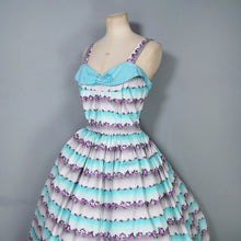 Load image into Gallery viewer, 50s PASTEL BLUE AND PURPLE TINY ROSE PRINT STRIPE SUN DRESS - S