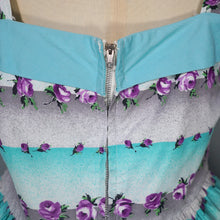 Load image into Gallery viewer, 50s PASTEL BLUE AND PURPLE TINY ROSE PRINT STRIPE SUN DRESS - S