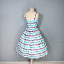 Load image into Gallery viewer, 50s PASTEL BLUE AND PURPLE TINY ROSE PRINT STRIPE SUN DRESS - S