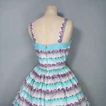 Load image into Gallery viewer, 50s PASTEL BLUE AND PURPLE TINY ROSE PRINT STRIPE SUN DRESS - S