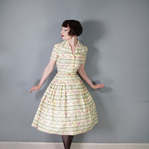 50s SAMBO FASHIONS YELLOW AND PINK FLORAL COTTON SHIRTWAIST DRESS - XS