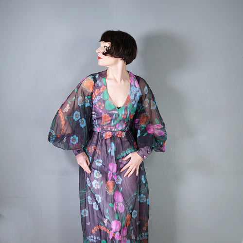 70s PSYCHEDELIC FLORAL AND MUSHROOM PRINT MAXI DRESS WITH HUGE BALLOON SLEEVES - S