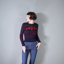 Load image into Gallery viewer, 50s BOBBIE BROOKS NAVY AND RED REINDEER AND TREE WOOL CHRISTMAS JUMPER - XS-S