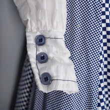 Load image into Gallery viewer, 70s JEAN VARON BLUE CHECKERED COTTON MAXI DRESS WITH BALLOON SLEEVE - S