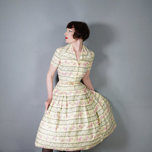 50s SAMBO FASHIONS YELLOW AND PINK FLORAL COTTON SHIRTWAIST DRESS - XS