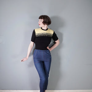 50s "TIROLA" YELLOW AND BLACK CROPPED FINE WOOL JUMPER WITH LEAF BORDER PATTERN - S