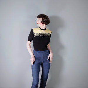 50s "TIROLA" YELLOW AND BLACK CROPPED FINE WOOL JUMPER WITH LEAF BORDER PATTERN - S