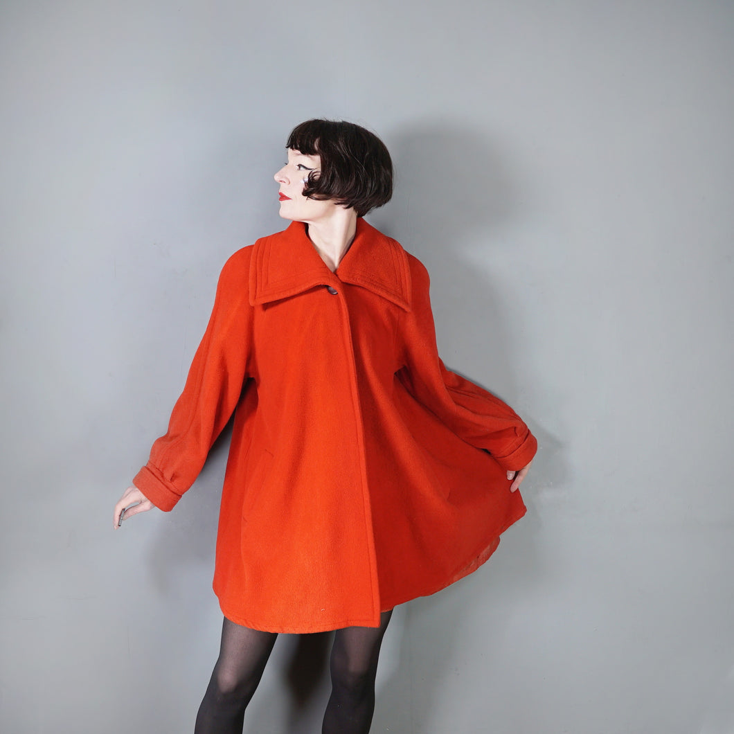 80s BOLDEST ORANGE STRONG SHOULDERED WOOL SWING COAT - UK10