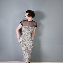 Load image into Gallery viewer, 40s BEIGE AND BLACK NOVELTY MOUNTAIN VILLAGE DRESS WITH MESH NECK - S