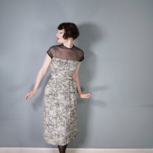 Load image into Gallery viewer, 40s BEIGE AND BLACK NOVELTY MOUNTAIN VILLAGE DRESS WITH MESH NECK - S