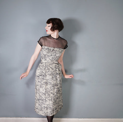 40s BEIGE AND BLACK NOVELTY MOUNTAIN VILLAGE DRESS WITH MESH NECK - S