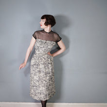Load image into Gallery viewer, 40s BEIGE AND BLACK NOVELTY MOUNTAIN VILLAGE DRESS WITH MESH NECK - S