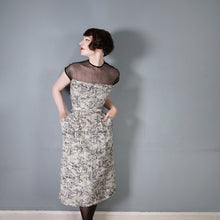 Load image into Gallery viewer, 40s BEIGE AND BLACK NOVELTY MOUNTAIN VILLAGE DRESS WITH MESH NECK - S