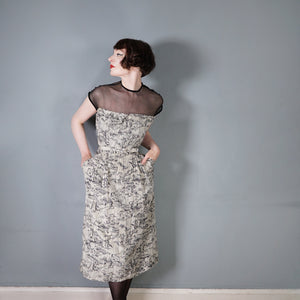 40s BEIGE AND BLACK NOVELTY MOUNTAIN VILLAGE DRESS WITH MESH NECK - S