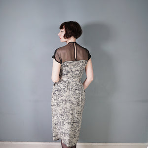 40s BEIGE AND BLACK NOVELTY MOUNTAIN VILLAGE DRESS WITH MESH NECK - S