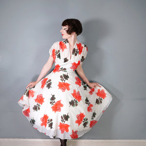 50s SILKY NYLON WHITE AND RED ROSE FLORAL PRINT SALLY SLADE PARTY DRESS - M