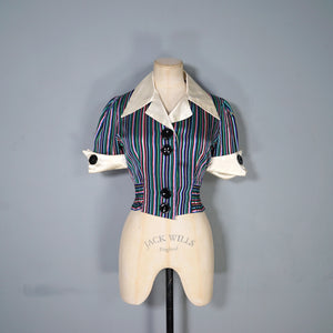 70s CROPPED SATIN STRIPE PATTERN BIG COLLAR SHIRT - S