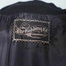 Load image into Gallery viewer, 30s 40s LONG BLACK WOOL COAT WITH GOLD MILITARY STYLE POCKETS AND COLLAR - S-M